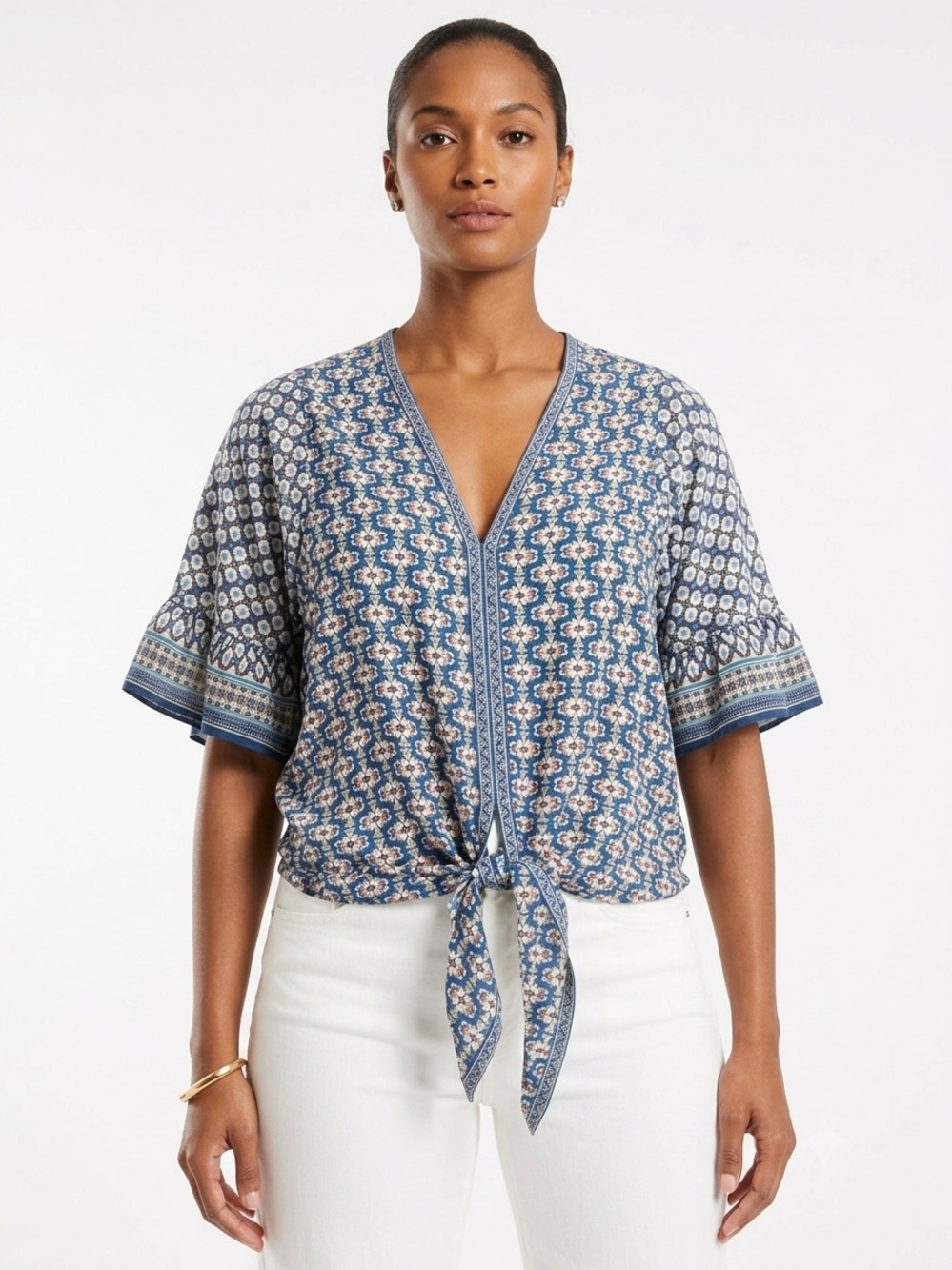 Max Studio Women’s Tie-Front Boho Blouse Large Blue Geometric Flutter Sleeve Top